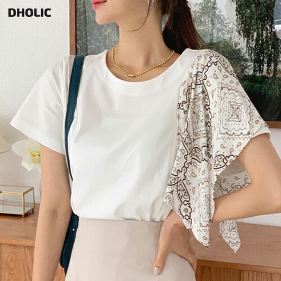 ペイズリースリーブTシャツ・全2色・b62456 レディース 【tops】韓国 ファッション トップス Tシャツ 半袖 ペイスリー フレアスリーブ フェミニン ラウンドネック 異素材 体型カーバー 細身 夏 春