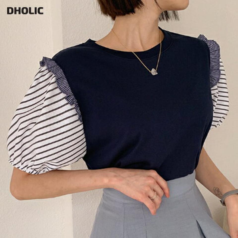 ストライプスリーブフリルTシャツ・全2色・t62455 レディース 【tops】韓国 ファッション トップス Tシャツ 半袖 ストライプ 配色 フリル パフスリーブ ラウンドネック 異素材 体型カーバー 細身 ガーリー 夏 春