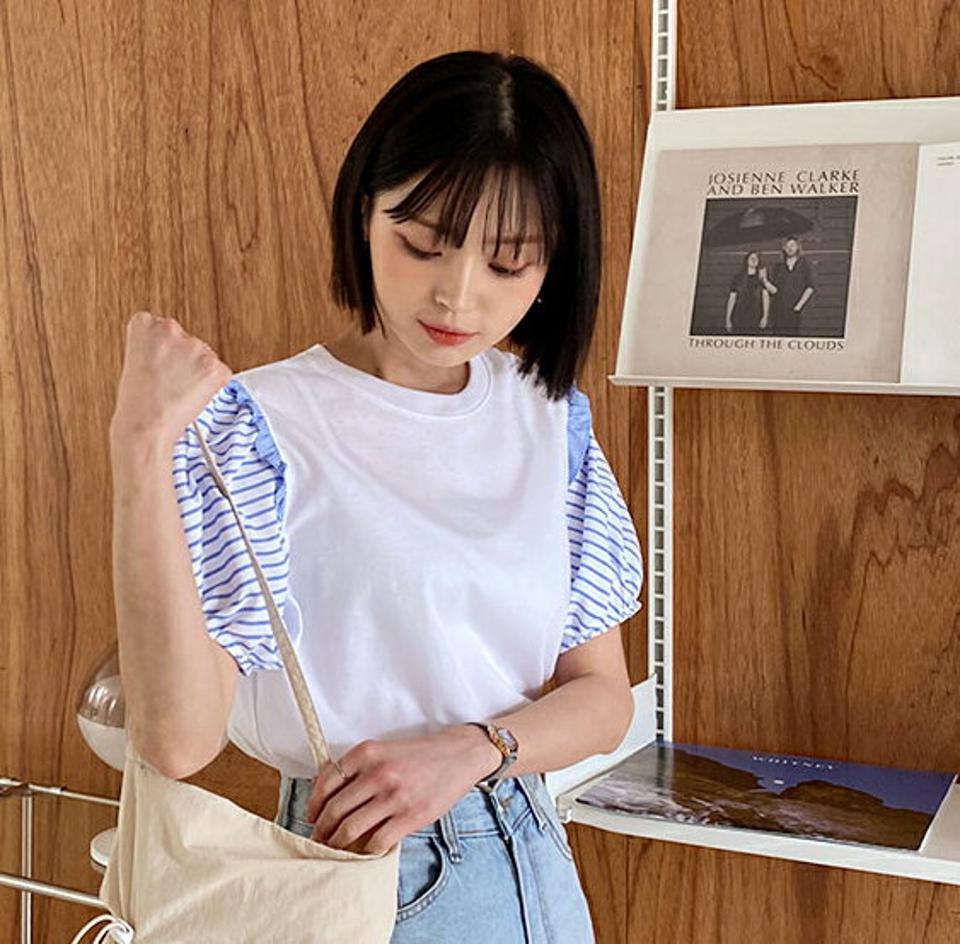 ストライプスリーブフリルTシャツ・全2色・t62455 レディース 【tops】韓国 ファッション トップス Tシャツ 半袖 ストライプ 配色 フリル パフスリーブ ラウンドネック 異素材 体型カーバー 細身 ガーリー 夏 春