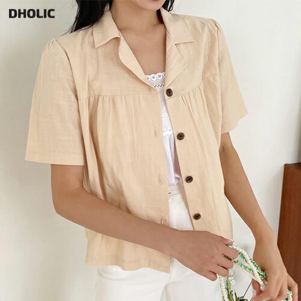 カラーボタンブラウス・全4色・t00311 レディース 【bl】韓国 ファッション トップス ブラウス 半袖 ラブリー ギャザー フレアブラウス ボタン パフスリーブ 体型カバー 細身 シンプル ガーリー 春 夏 NIJU