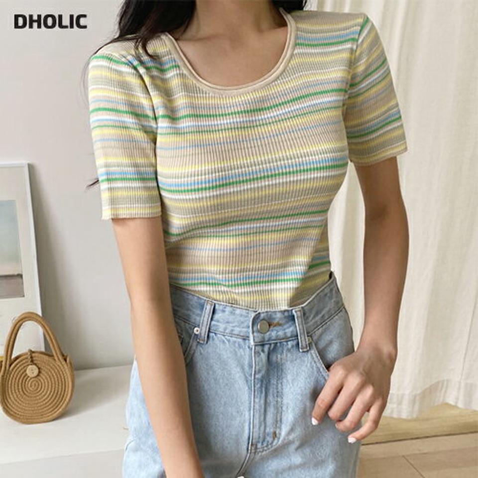 ボーダー半袖Tシャツ・全2色・b00303 レディース 【tops】韓国 ファッション トップス Tシャツ 半袖 カジュアル ボーダー リブ スリム フィット ストライプ ベーシック 春 夏 NIJU