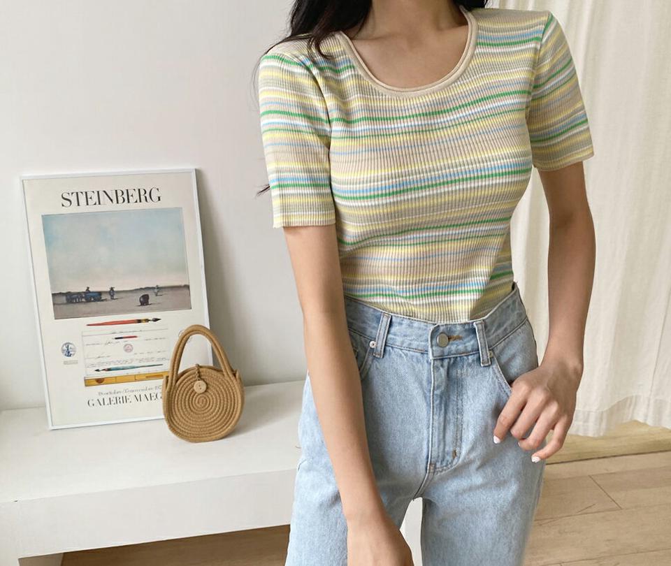 ボーダー半袖Tシャツ・全2色・b00303 レディース 【tops】韓国 ファッション トップス Tシャツ 半袖 カジュアル ボーダー リブ スリム フィット ストライプ ベーシック 春 夏 NIJU