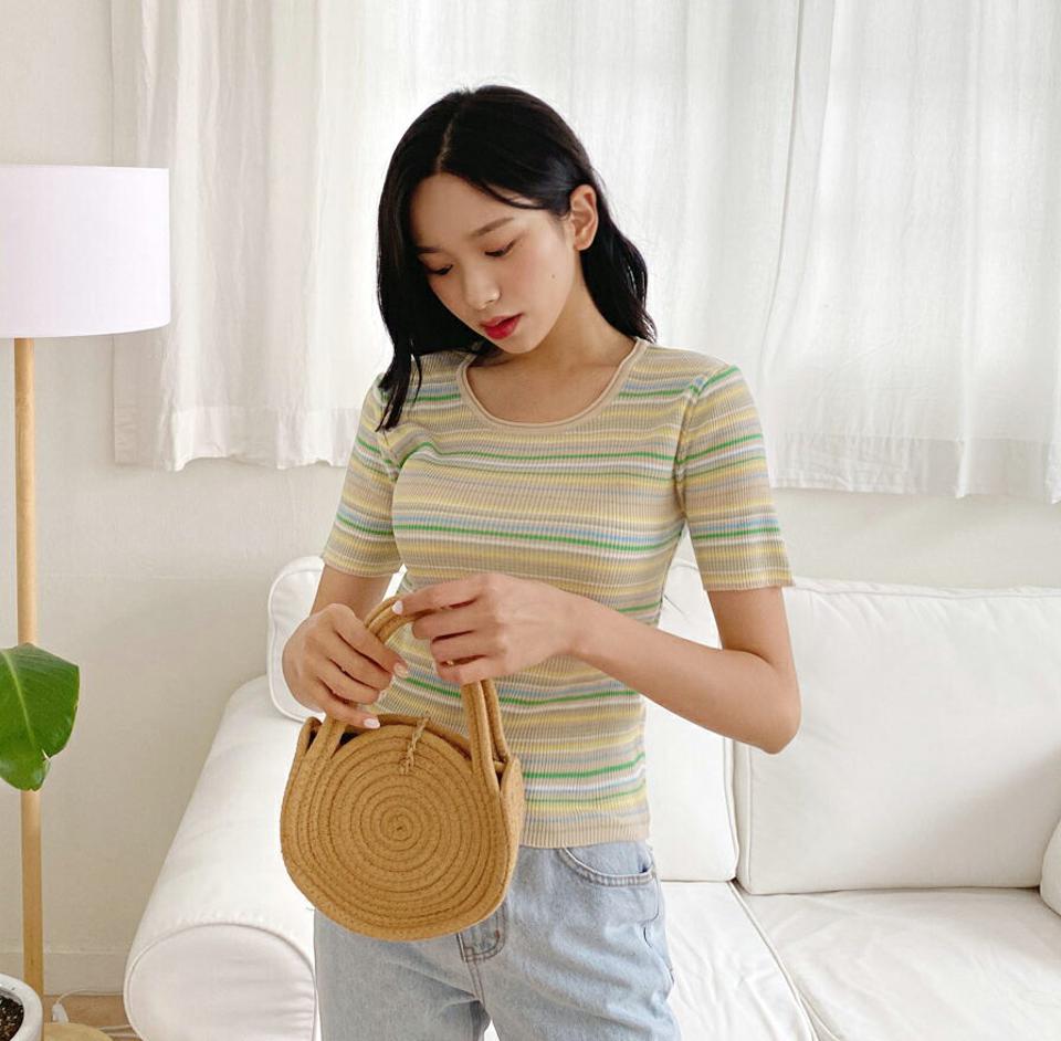 ボーダー半袖Tシャツ・全2色・b00303 レディース 【tops】韓国 ファッション トップス Tシャツ 半袖 カジュアル ボーダー リブ スリム フィット ストライプ ベーシック 春 夏 NIJU