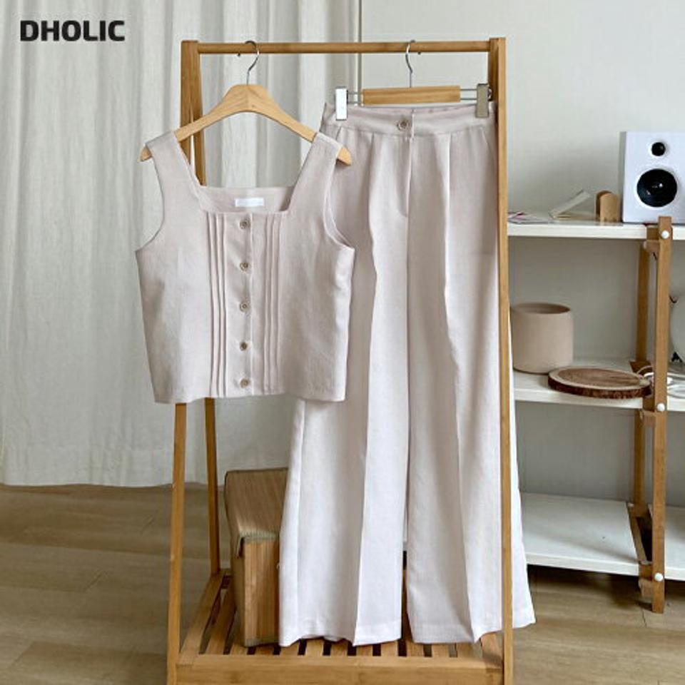 スクエアボタンスリーブレス&タックスラックスSET・全3色・t00331 レディース 【pt】韓国 ファッション ボトムス パンツ ロング ロングパンツ セットアップ スラックス ストレート カジュアル スリム 細身 体型カーバー 足長 春 夏 NIJU