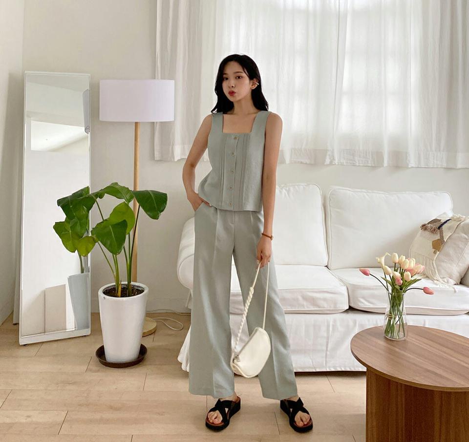 スクエアボタンスリーブレス&タックスラックスSET・全3色・t00331 レディース 【pt】韓国 ファッション ボトムス パンツ ロング ロングパンツ セットアップ スラックス ストレート カジュアル スリム 細身 体型カーバー 足長 春 夏 NIJU