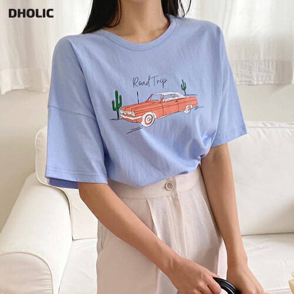 カープリントスリットTシャツ・全3色・b00328 レディース 【tops】韓国ファッション トップス Tシャツ 半袖 スリット シンプル ラウンドネック プリント ボクシー ベーシック シンプル ゆったり ルーズ 無地 春 夏 NIJU