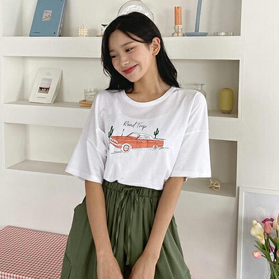 カープリントスリットTシャツ・全3色・b00328 レディース 【tops】韓国ファッション トップス Tシャツ 半袖 スリット シンプル ラウンドネック プリント ボクシー ベーシック シンプル ゆったり ルーズ 無地 春 夏 NIJU