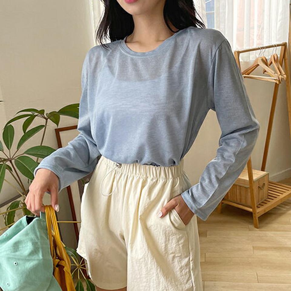クロップド長袖Tシャツ・全5色・b00305 レディース 【tops】韓国 ファッション トップス Tシャツ 長袖 クロップド丈 ラウンドネック 体型カーバー ベーシック シンプル ゆったり ルーズ 無地 春 夏 NIJU