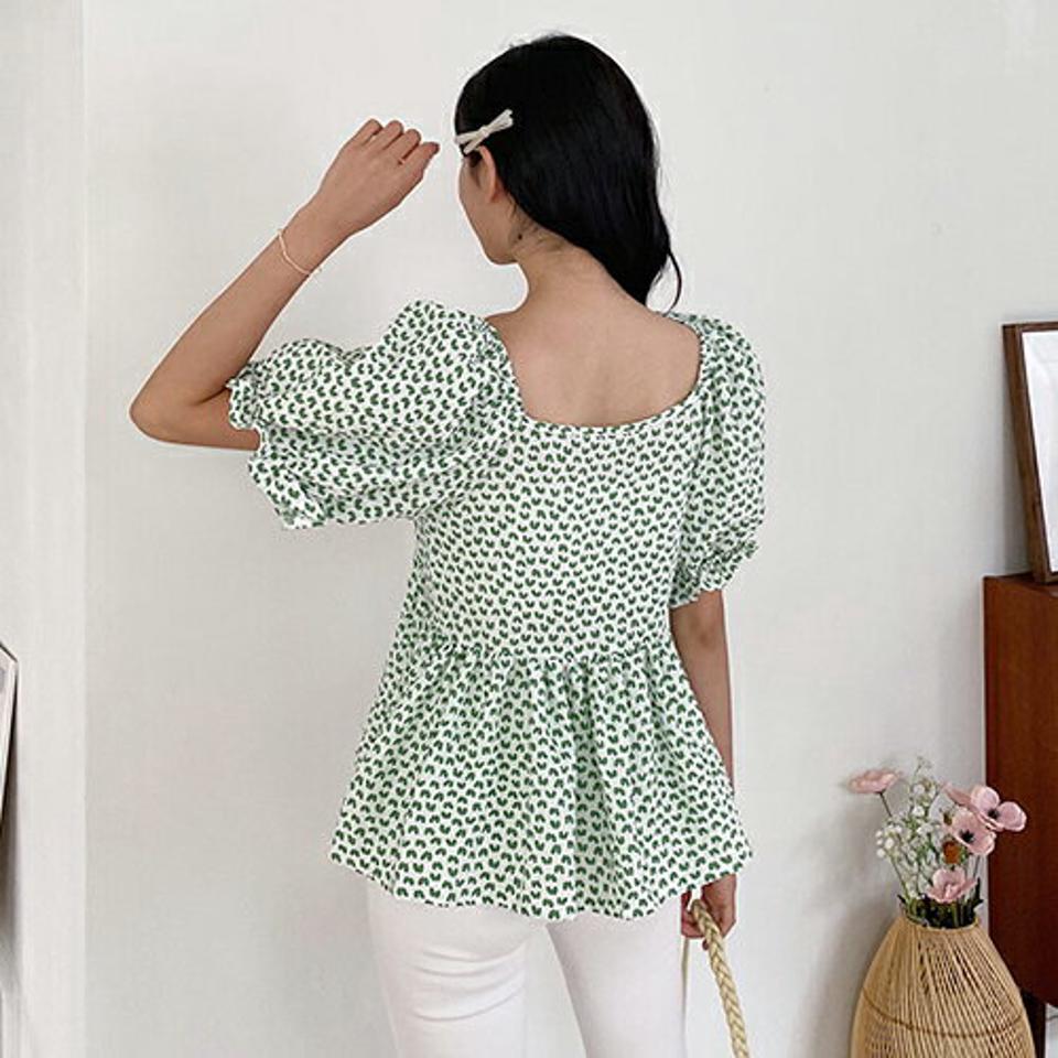 4WAYパターンフレアブラウス・全3色・b00306 レディース 【bl】韓国 ファッション トップス ブラウス 半袖 ラブリー パターン フレア ゴム オフショル 4WAY 体型カバー 細身 シンプル ガーリー 春 夏 NIJU