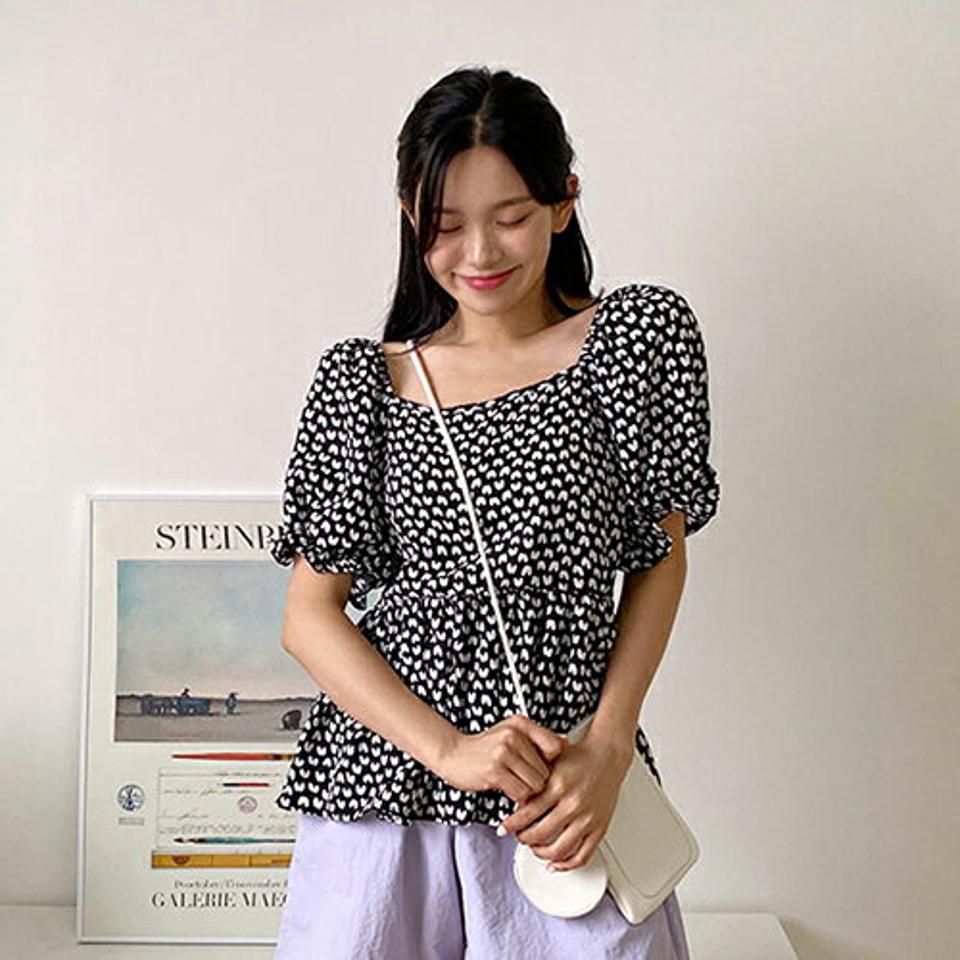 4WAYパターンフレアブラウス・全3色・b00306 レディース 【bl】韓国 ファッション トップス ブラウス 半袖 ラブリー パターン フレア ゴム オフショル 4WAY 体型カバー 細身 シンプル ガーリー 春 夏 NIJU