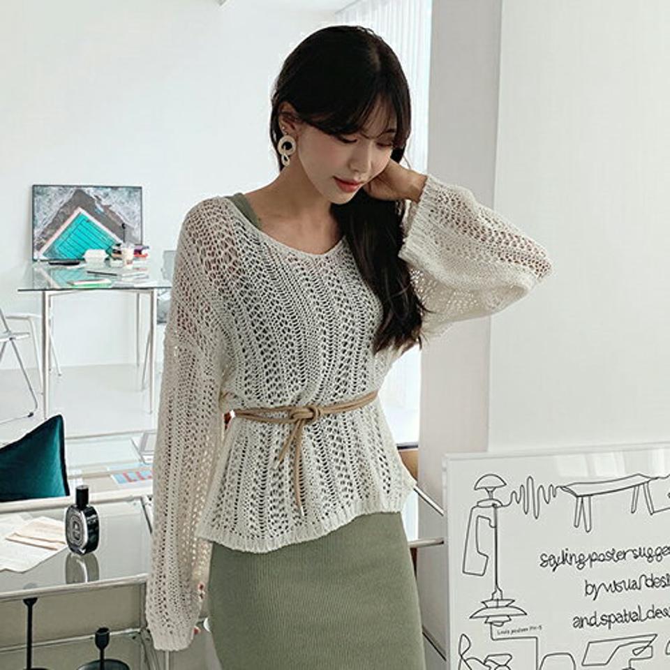 リネン混シアーニット・全4色・t64315 レディース 【tops】韓国 ファッション トップス ニット 長袖 デイリー カジュアル ドライ シースルー Vネック ルーズ 細身 体型カーバー ゆったり デコルテ 夏 春