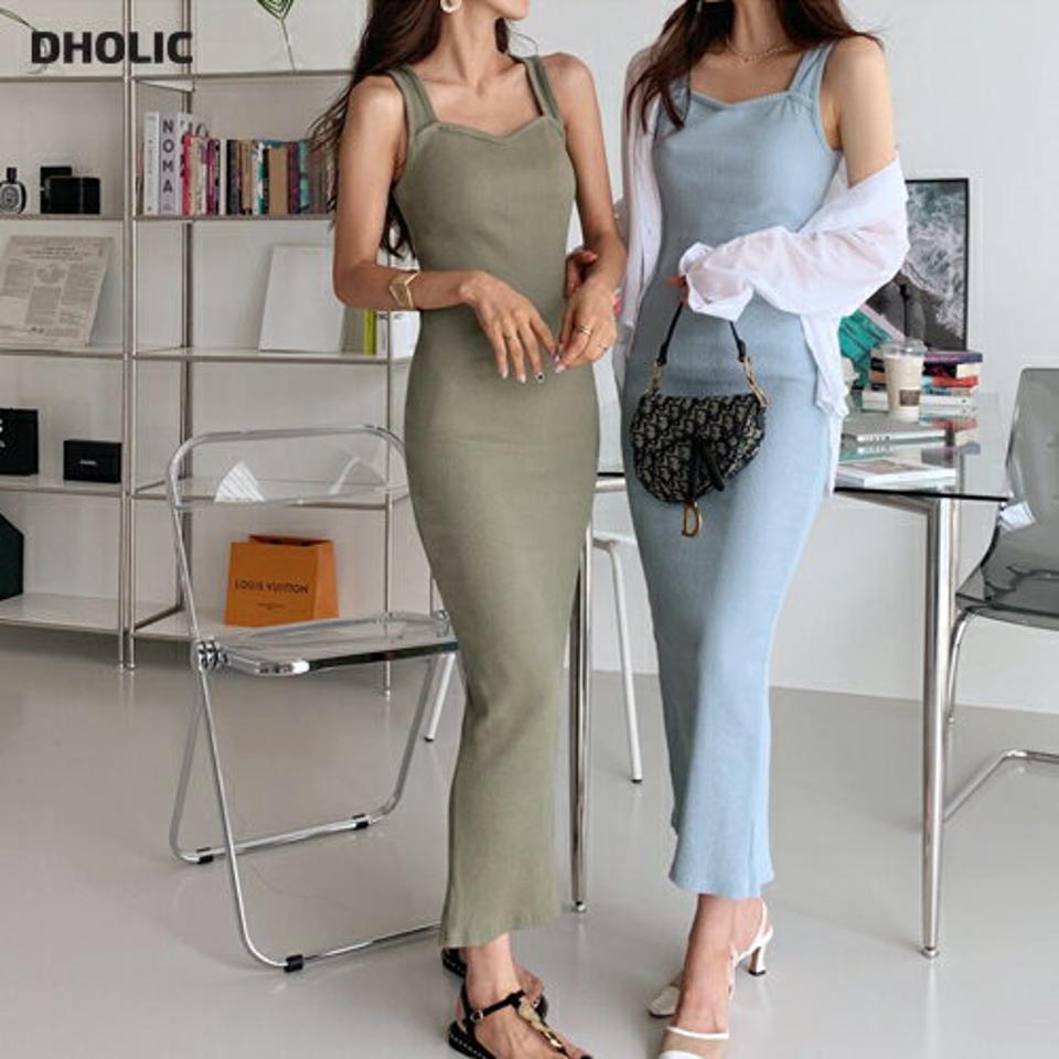 リブノースリワンピース・全5色・t64317 レディース 【ops】韓国ファッション ワンピース ロングワンピース ノースリーブ スリーブレス リブ フィット タイト スリム スリット スクエアネック 夏 春 人気 ワンホン