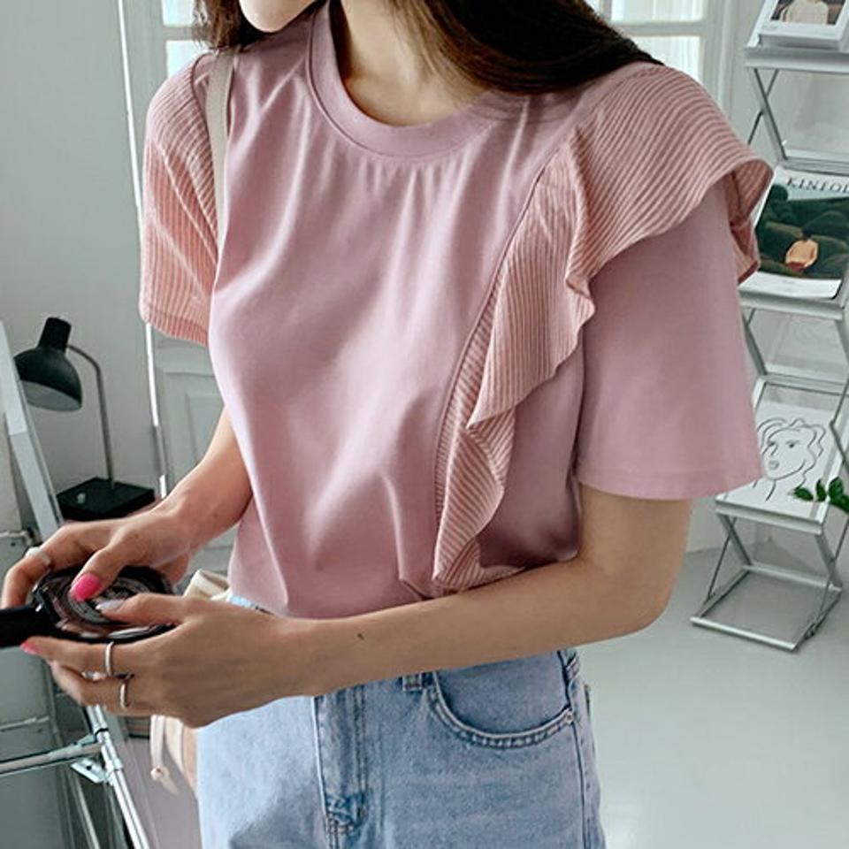 ダイアゴナルフリルストライプTシャツ・全3色・t64307 レディース 【tops】韓国 ファッション トップス Tシャツ 半袖 ラブリー フリル 異素材 ストライプ ラウンドネック 体型カーバー 細身 ガーリー 夏 春