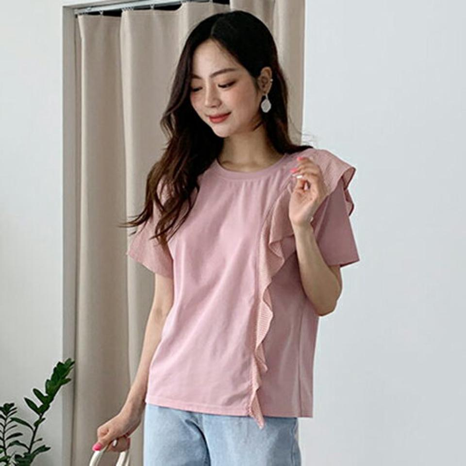 ダイアゴナルフリルストライプTシャツ・全3色・t64307 レディース 【tops】韓国 ファッション トップス Tシャツ 半袖 ラブリー フリル 異素材 ストライプ ラウンドネック 体型カーバー 細身 ガーリー 夏 春
