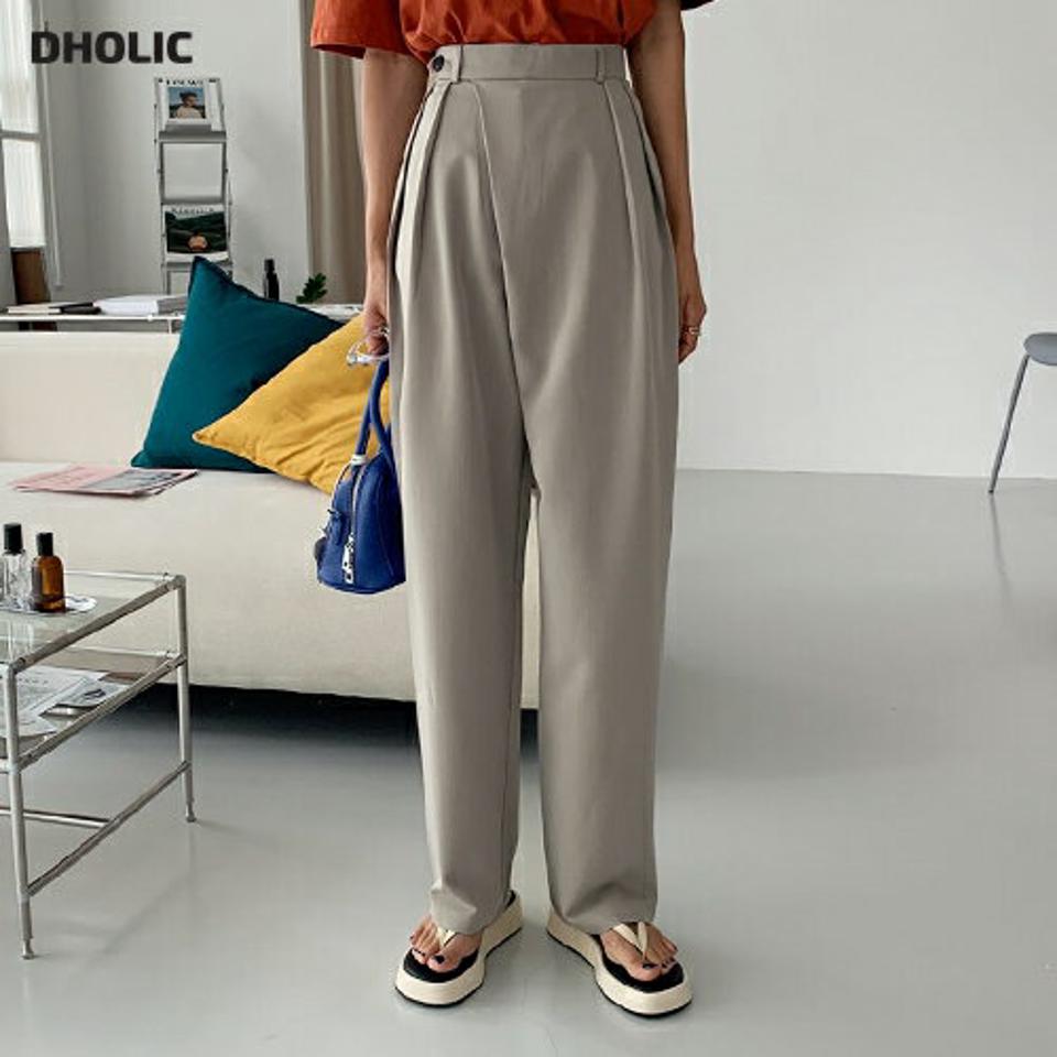 ダイアゴナルボタンスラックス・全2色・t64329 レディース 【pt】韓国 ファッション ボトムス ロング ロングパンツ デイリー スラックス ハイウエスト ワイド ストレート 足長 大人 10分丈 体型カーバー 細身 カジュアル 夏 春