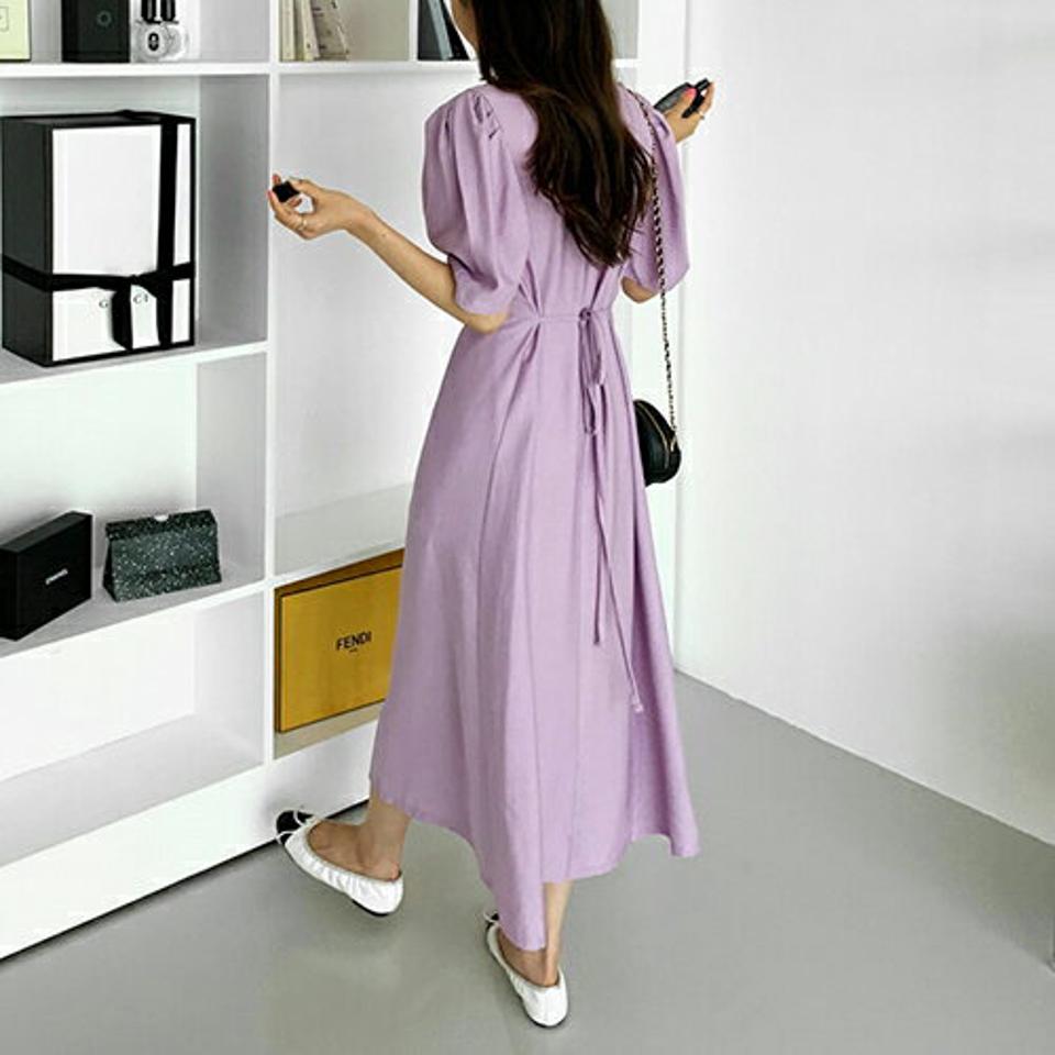 Vネックリボンパフロングワンピース・全3色・b64320 レディース 【ops】韓国 ファッション ワンピース ロング ロングワンピース 半袖 大人 リボン フレア Vネック パフスリーブ 体型カバー スリム 細身 夏 春