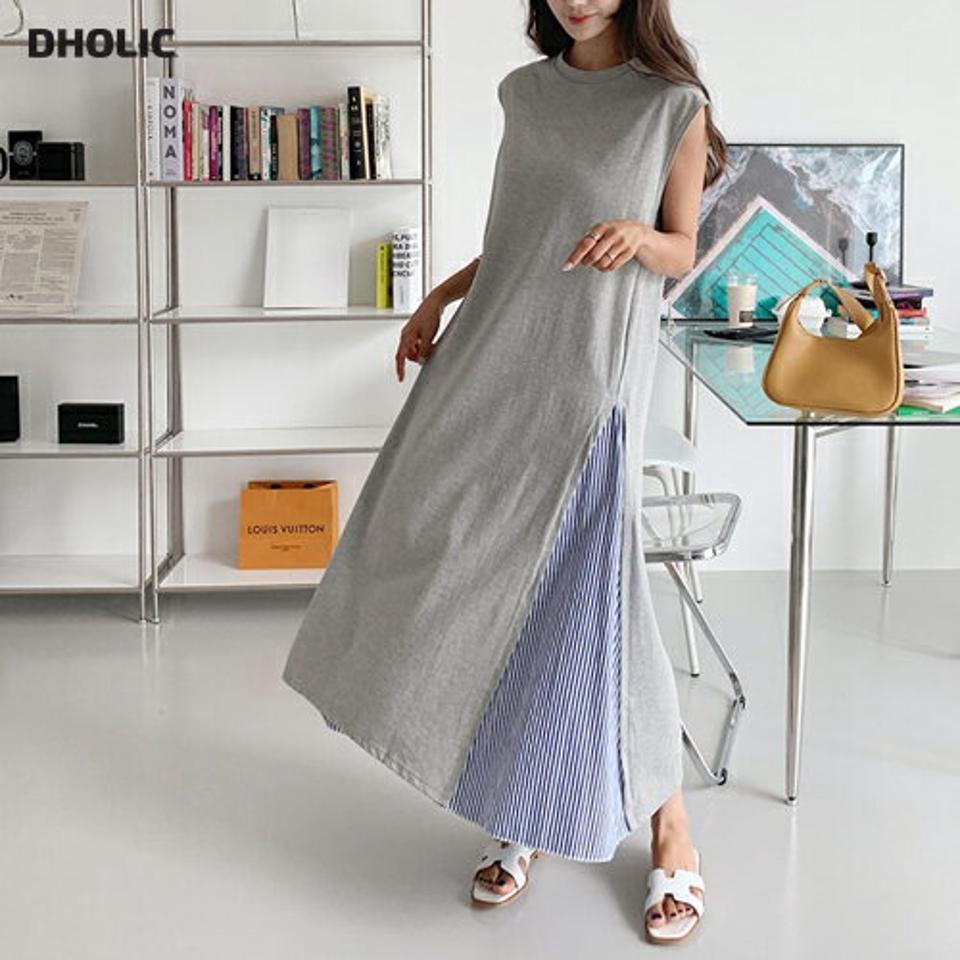 サイドストライプワンピース・全3色・b64318 レディース 【ops】韓国 ファッション ワンピース ロング ロングワンピース 半袖 大人 ストライプ コントラスト 異素材 ラウンドネック フレンチスリーブ フレア 体型カバー スリム 細身 夏 春