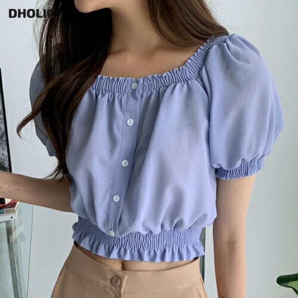 2WAYシャーリングブラウス・全5色・t64309 レディース 【bl】韓国 ファッション トップス ブラウス 半袖 大人 シャーリング フィット フェミニン ボタン クロップド丈 ゴム オフショル パフスリーブ カジュアル 夏 春