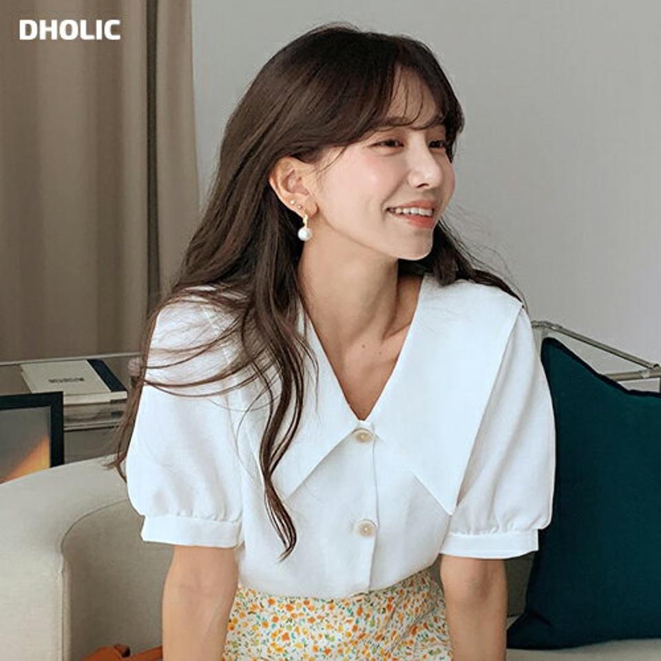 ビッグセーラーカラーボタンブラウス・全4色・t64311 レディース 【bl】韓国 ファッション トップス ブラウス 半袖 大人 ボタン ビック襟 ビックカラー セーラーカラー 小顔 ギャザー カジュアル フェミニン デコルテ 夏 春