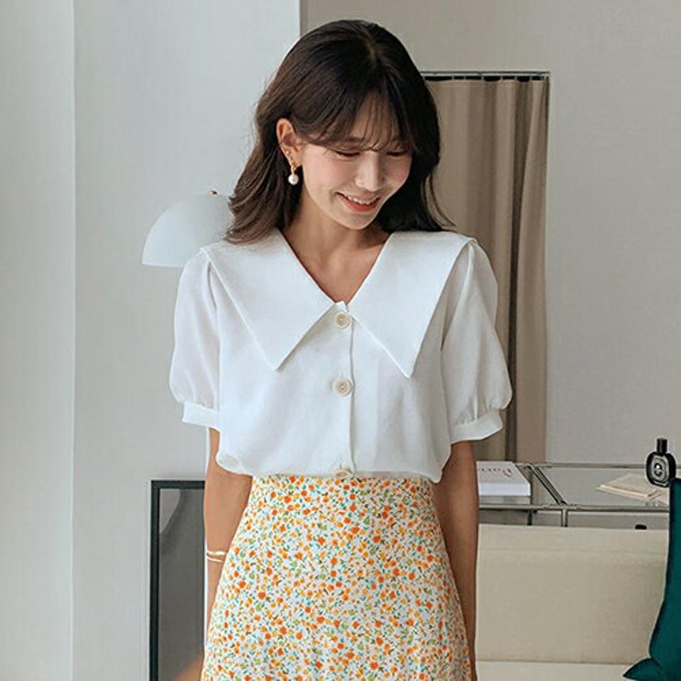 ビッグセーラーカラーボタンブラウス・全4色・t64311 レディース 【bl】韓国 ファッション トップス ブラウス 半袖 大人 ボタン ビック襟 ビックカラー セーラーカラー 小顔 ギャザー カジュアル フェミニン デコルテ 夏 春