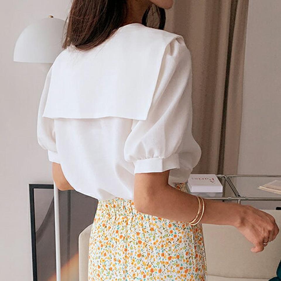 ビッグセーラーカラーボタンブラウス・全4色・t64311 レディース 【bl】韓国 ファッション トップス ブラウス 半袖 大人 ボタン ビック襟 ビックカラー セーラーカラー 小顔 ギャザー カジュアル フェミニン デコルテ 夏 春