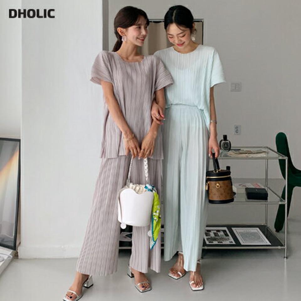 プリーツTシャツ&パンツSET・全3色・b64321 レディース 【pt】韓国 ファッション ボトムス ロング ロングパンツ デイリー セットアップ Tシャツ ラフ ルーズ ショートスリーブ 足長 大人 10分丈 体型カーバー 細身 夏 春