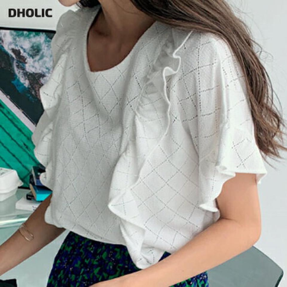 ダイアパンチングフリルブラウス・全3色・b64308 レディース 【bl】韓国 ファッション トップス ブラウス 半袖 大人 フリル ラウンドネック ダイアモンド パターン パンチング カジュアル フェミニン 夏 春