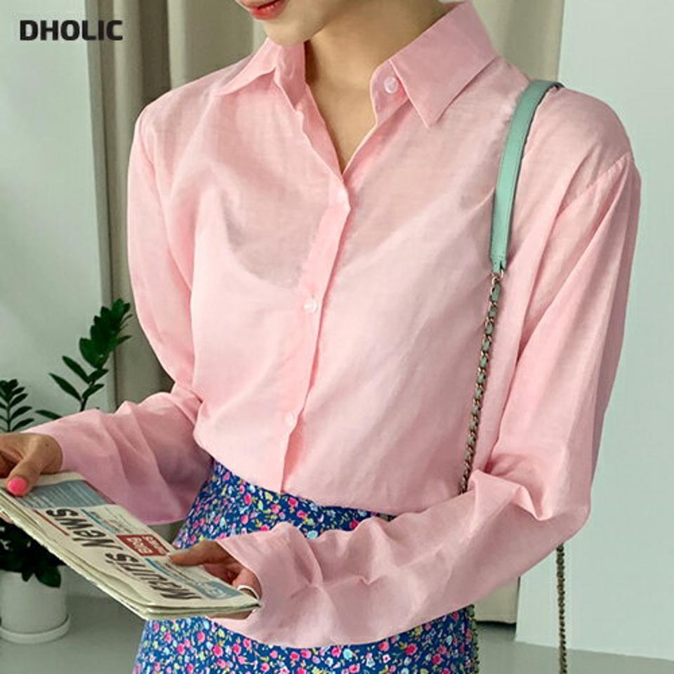 即日配送 ピグメントシアーシャツ・全5色・t64316 レディース 【bl】韓国ファッション トップス シャツ 半袖 大人 ポロ襟 ビンテージ シースルー スリット カラーアイテム ピンク カジュアル オフィスカジュアル 夏 春