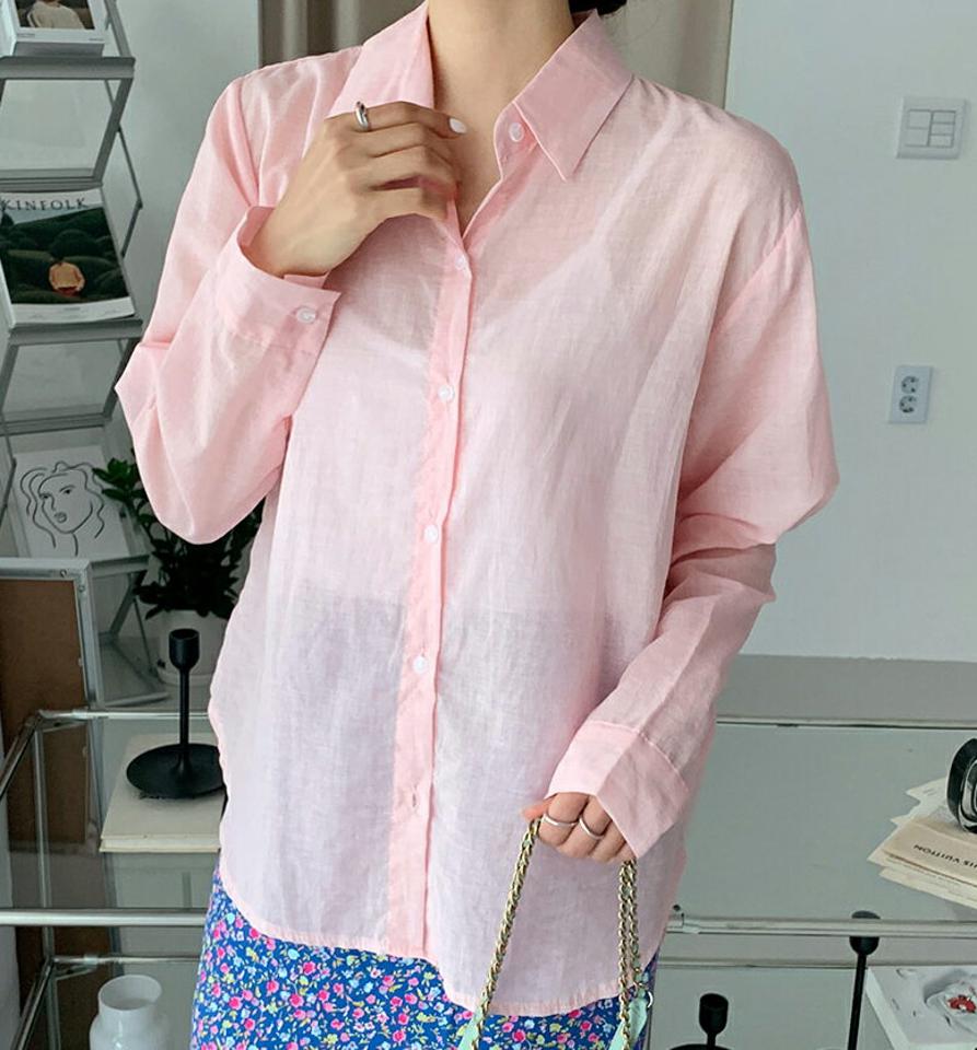 即日配送 ピグメントシアーシャツ・全5色・t64316 レディース 【bl】韓国ファッション トップス シャツ 半袖 大人 ポロ襟 ビンテージ シースルー スリット カラーアイテム ピンク カジュアル オフィスカジュアル 夏 春