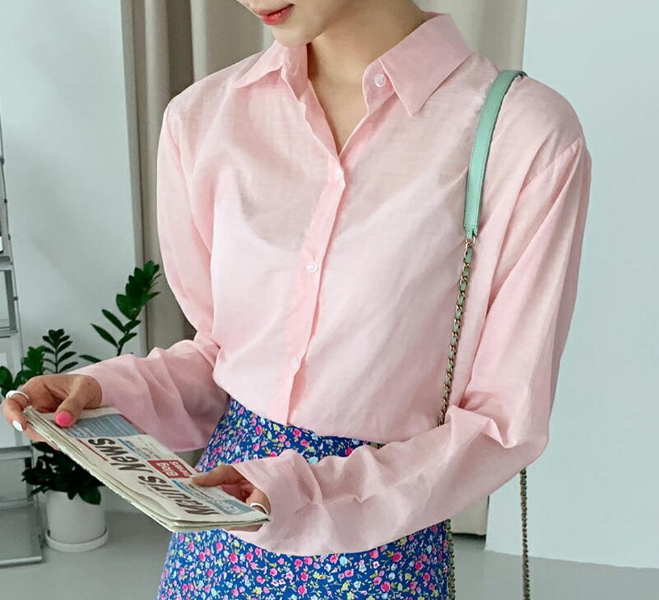 即日配送 ピグメントシアーシャツ・全5色・t64316 レディース 【bl】韓国ファッション トップス シャツ 半袖 大人 ポロ襟 ビンテージ シースルー スリット カラーアイテム ピンク カジュアル オフィスカジュアル 夏 春