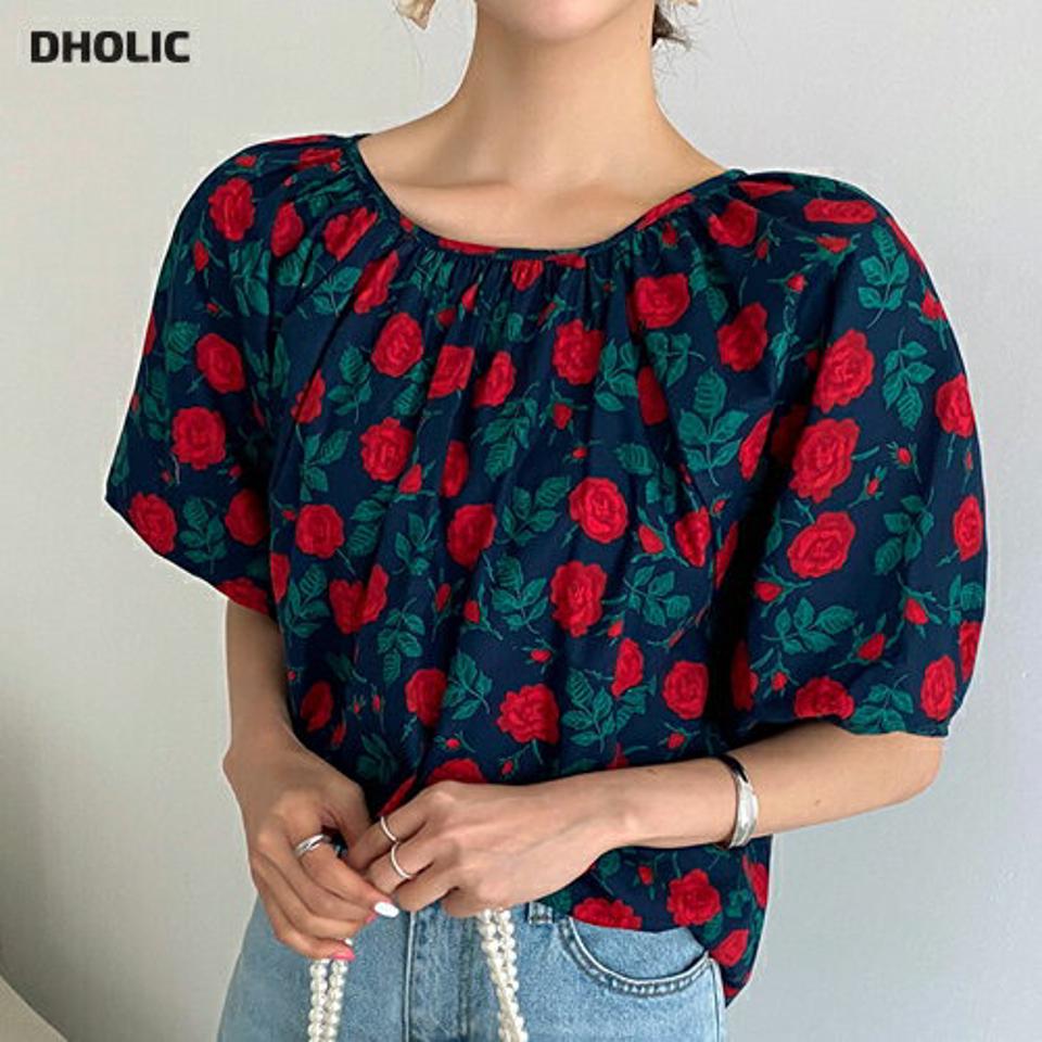 2WAY花柄タッセルブラウス・全2色・b64312 レディース 【bl】韓国ファッション トップス ブラウス 半袖 大人 花柄 フラワー パターン 2WAY パフスリーブ リボン ラウンドネック カジュアル フェミニン デコルテ 夏 春