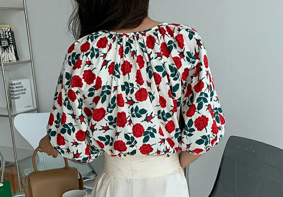 2WAY花柄タッセルブラウス・全2色・b64312 レディース 【bl】韓国ファッション トップス ブラウス 半袖 大人 花柄 フラワー パターン 2WAY パフスリーブ リボン ラウンドネック カジュアル フェミニン デコルテ 夏 春