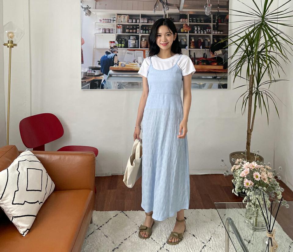 チェックロングワンピース・全3色・t00068 レディース 【ops】 ワンピース ロング スリーブレス ノースリーブ チェック柄 レイヤード Aライン フェミニン かわいい 可愛い 春 夏 秋 韓国 ファッション NIJU