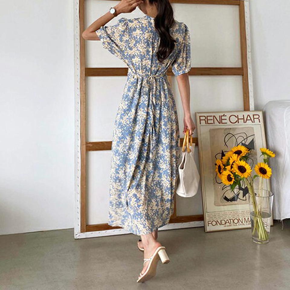 【マラソン特価】≪人気商品再入荷≫Vネック花柄ワンピース・全3色・t57783 レディース 【ops】韓国ファッション ワンピース ロングワンピース 半袖 花柄 フラワー Vネック リボン フェミニン 体型カバー スリム Aライン 青 夏 春