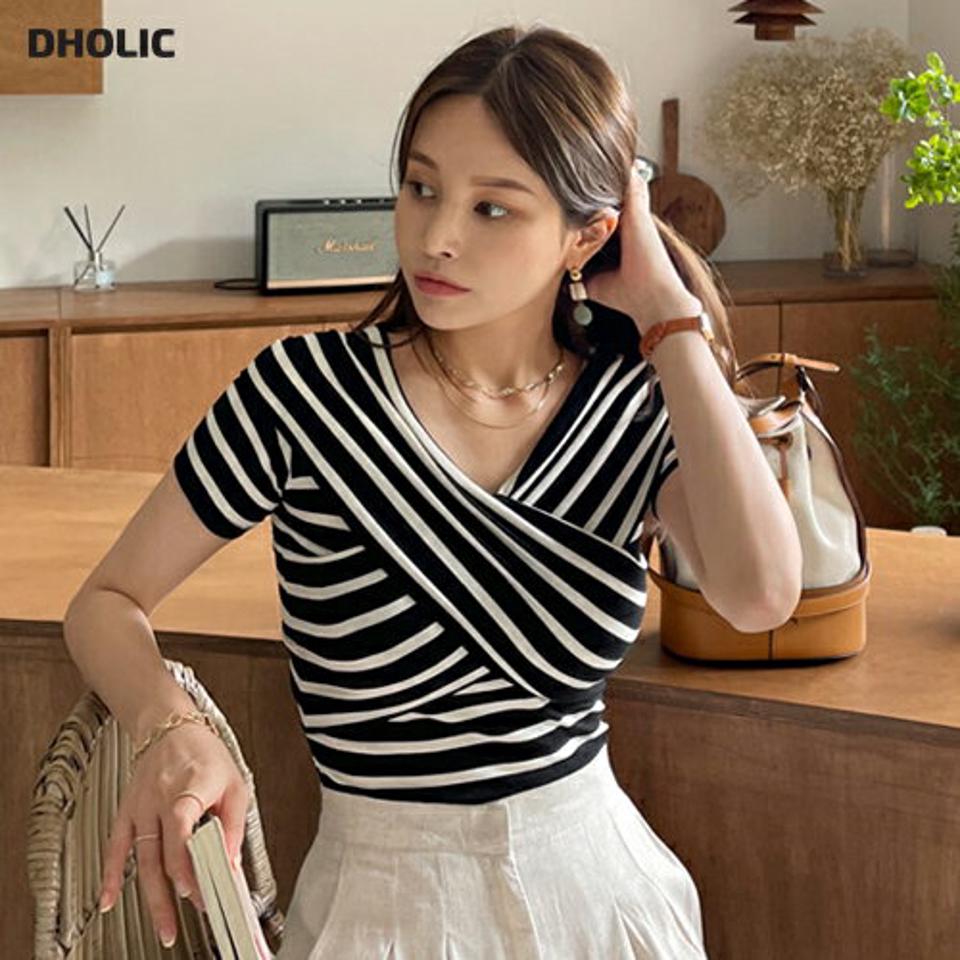 2WAYボーダーTシャツ・全2色・t00121 レディース 【tops】トップス Tシャツ 半袖 ボーダー柄 クロス オフショルダー 2way カジュアル ラフ 春 夏 韓国 ファッション ハイホリHIHOLLI