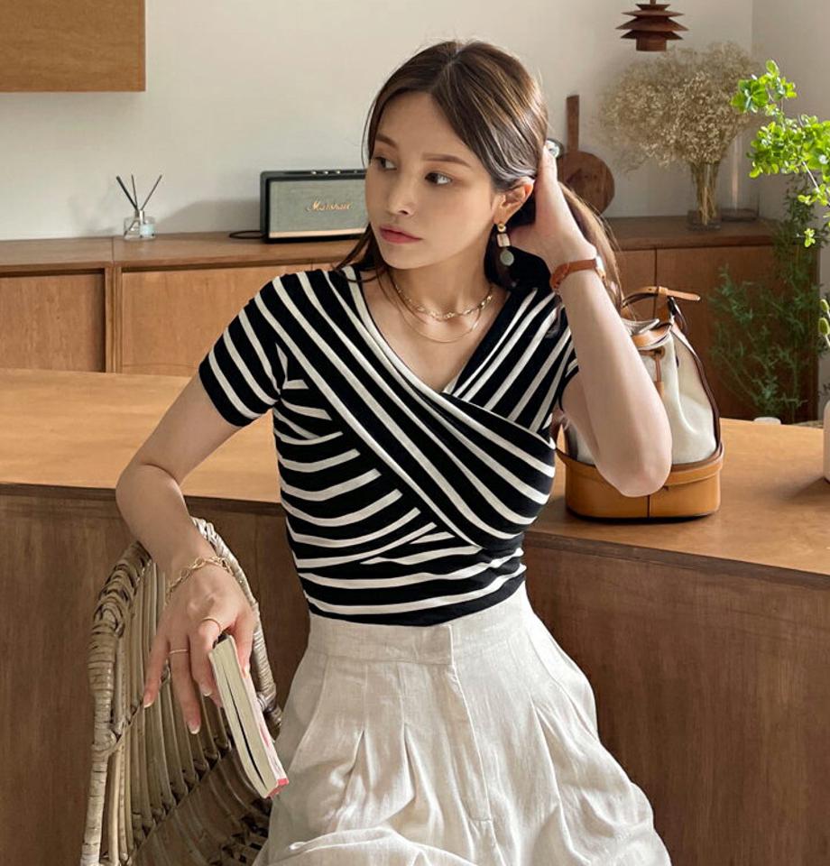 2WAYボーダーTシャツ・全2色・t00121 レディース 【tops】トップス Tシャツ 半袖 ボーダー柄 クロス オフショルダー 2way カジュアル ラフ 春 夏 韓国 ファッション ハイホリHIHOLLI