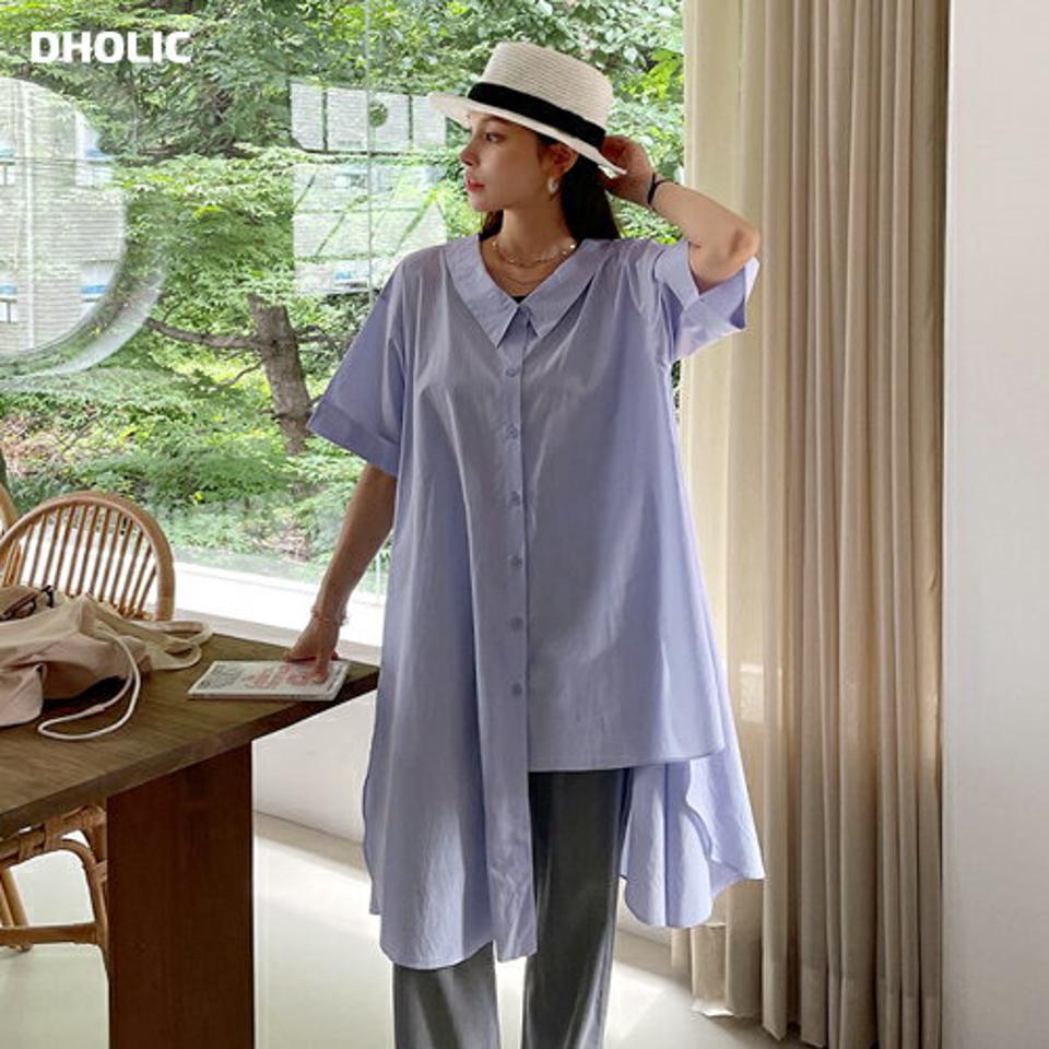 2WAYネックアンバランスシャツ・全3色・b00122 レディース 【bl】トップス シャツ アンバランス 前後着用自由 半袖 ハーフスリーブ 単色 無地 シンプル カジュアル ラフ 大人 春 夏 韓国 ファッション ハイホリHIHOLLI