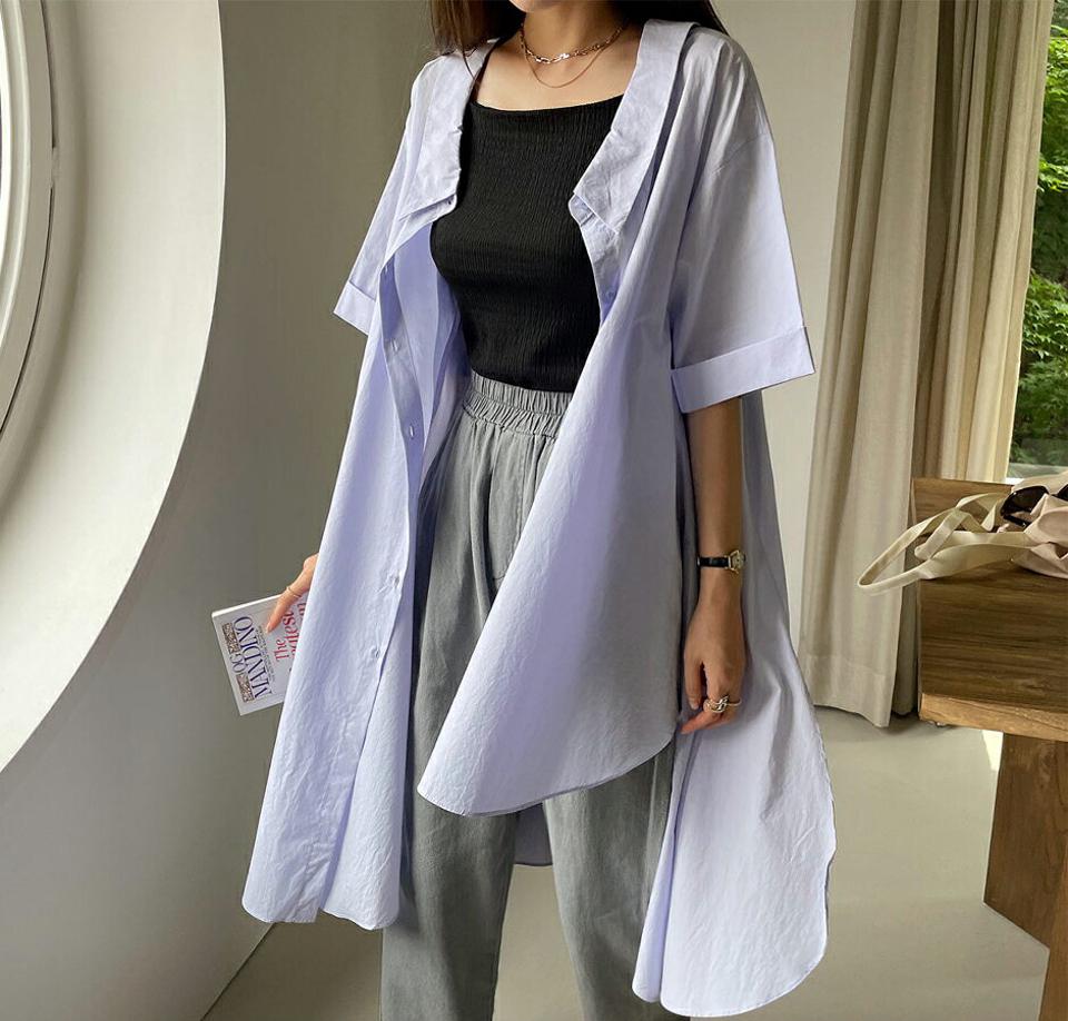 2WAYネックアンバランスシャツ・全3色・b00122 レディース 【bl】トップス シャツ アンバランス 前後着用自由 半袖 ハーフスリーブ 単色 無地 シンプル カジュアル ラフ 大人 春 夏 韓国 ファッション ハイホリHIHOLLI