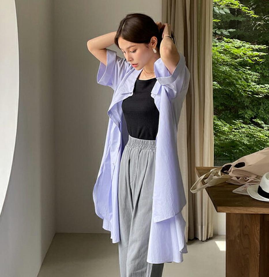 2WAYネックアンバランスシャツ・全3色・b00122 レディース 【bl】トップス シャツ アンバランス 前後着用自由 半袖 ハーフスリーブ 単色 無地 シンプル カジュアル ラフ 大人 春 夏 韓国 ファッション ハイホリHIHOLLI