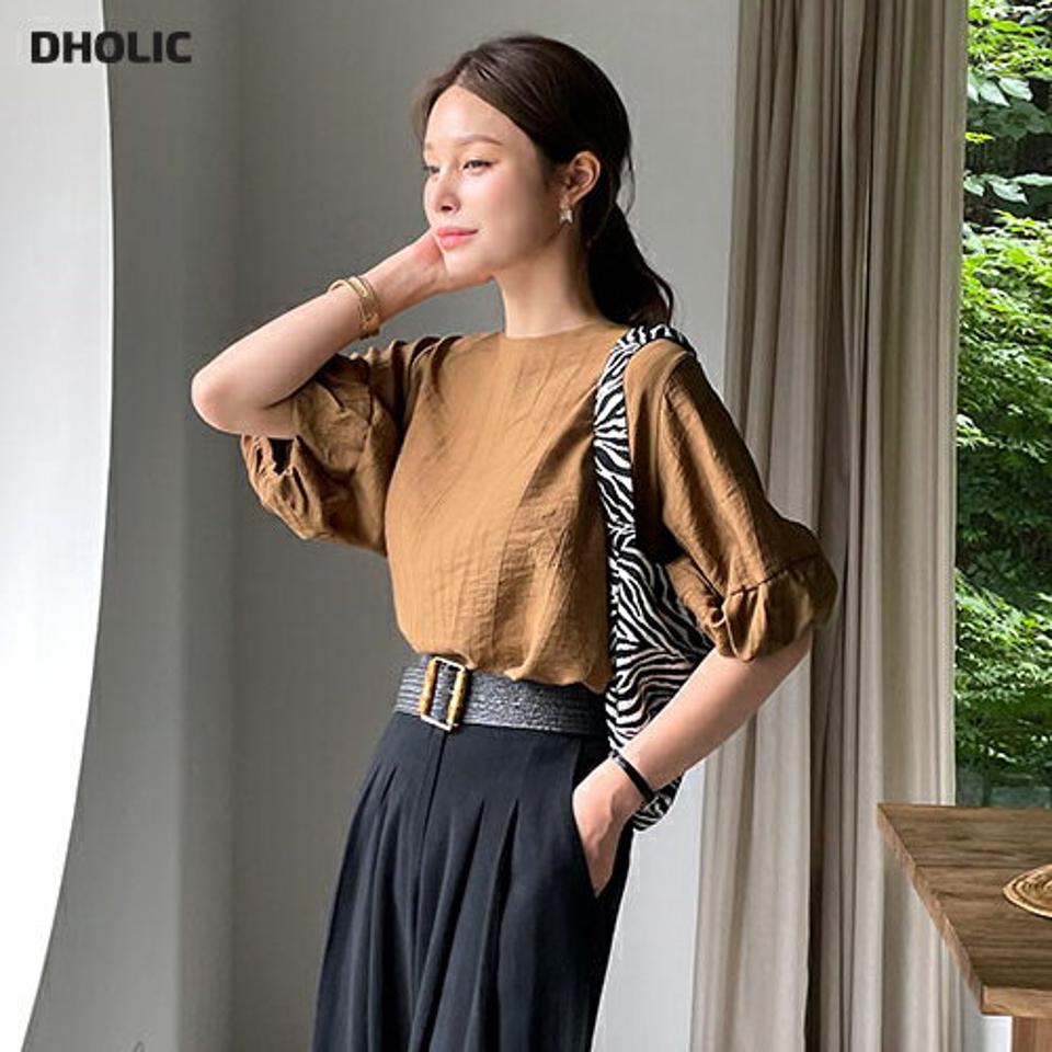 リンクルバルーンブラウス・全3色・b00126 レディース 【bl】トップス ブラウス 半袖 ハーフスリーブ リンクル バルーンスリーブ ボリューム袖 単色 シンプル カジュアル ラフ 二の腕カバー 春 夏 韓国ファッション ハイホリHIHOLLI