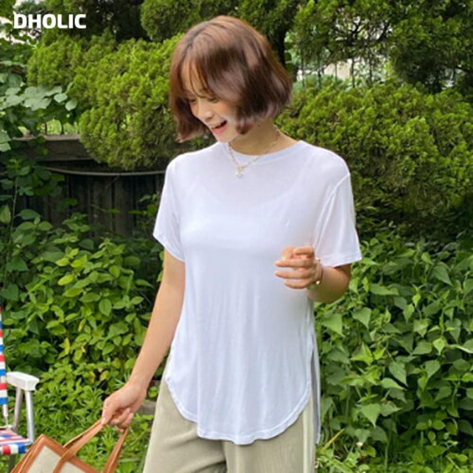 ラウンドネックTシャツ・全5色・s57770 レディース 【tops】韓国 ファッション トップス Tシャツ 半袖 ベーシック シンプル ラウンドネック スリット ラウンドカット ルーズ ゆったり 体型カーバー 細身 夏 春