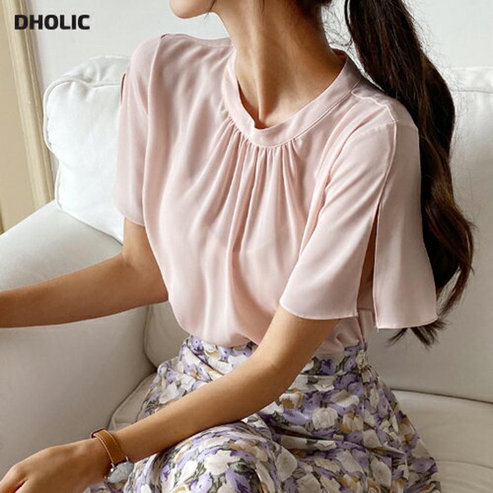 ギャザーネックブラウス・全3色・b57773 レディース 【bl】韓国 ファッション トップス ブラウス 半袖 大人 ギャザー シフォン オフィスカジュアル オフィス カジュアル 無地 フェミニン 夏 春