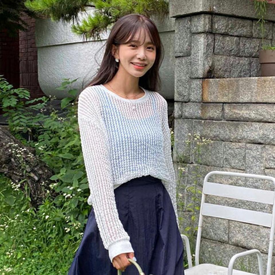 ネットラウンドニット・全3色・t57799 レディース 【tops】韓国 ファッション トップス ニット 長袖 デイリー カジュアル ネットニット ラウンドネック メリハリ 細身 体型カーバー スリム 夏 春