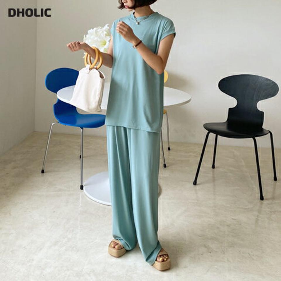 フレンチスリーブTシャツ&パンツSET・全3色・b57778 レディース 【pt】韓国 ファッション ボトムス ロング ロングパンツ デイリー セットアップ Tシャツ フレンチスリーブ 足長 大人 10分丈 体型カーバー 細身 カジュアル ストレート 夏 春