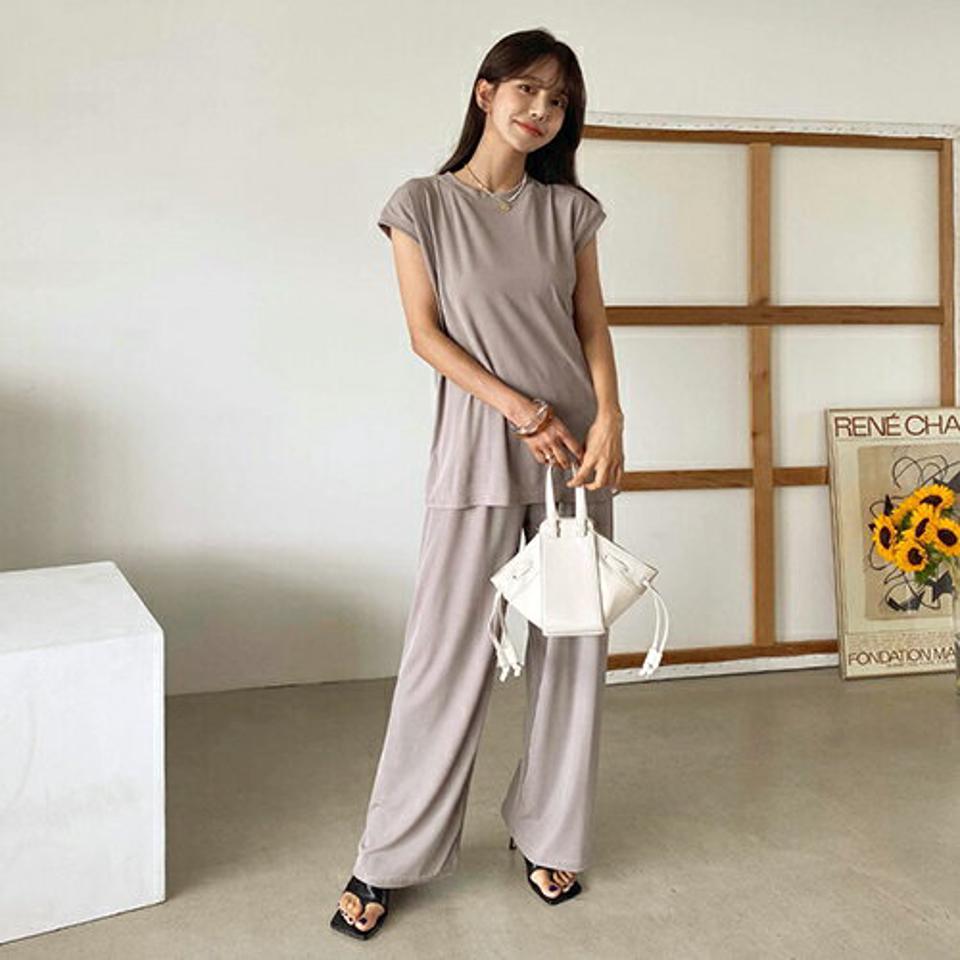 フレンチスリーブTシャツ&パンツSET・全3色・b57778 レディース 【pt】韓国 ファッション ボトムス ロング ロングパンツ デイリー セットアップ Tシャツ フレンチスリーブ 足長 大人 10分丈 体型カーバー 細身 カジュアル ストレート 夏 春