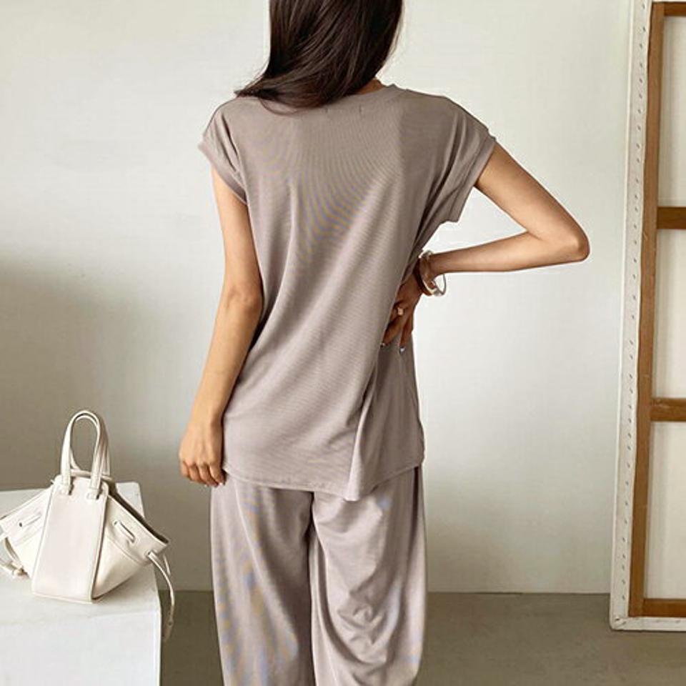 フレンチスリーブTシャツ&パンツSET・全3色・b57778 レディース 【pt】韓国 ファッション ボトムス ロング ロングパンツ デイリー セットアップ Tシャツ フレンチスリーブ 足長 大人 10分丈 体型カーバー 細身 カジュアル ストレート 夏 春