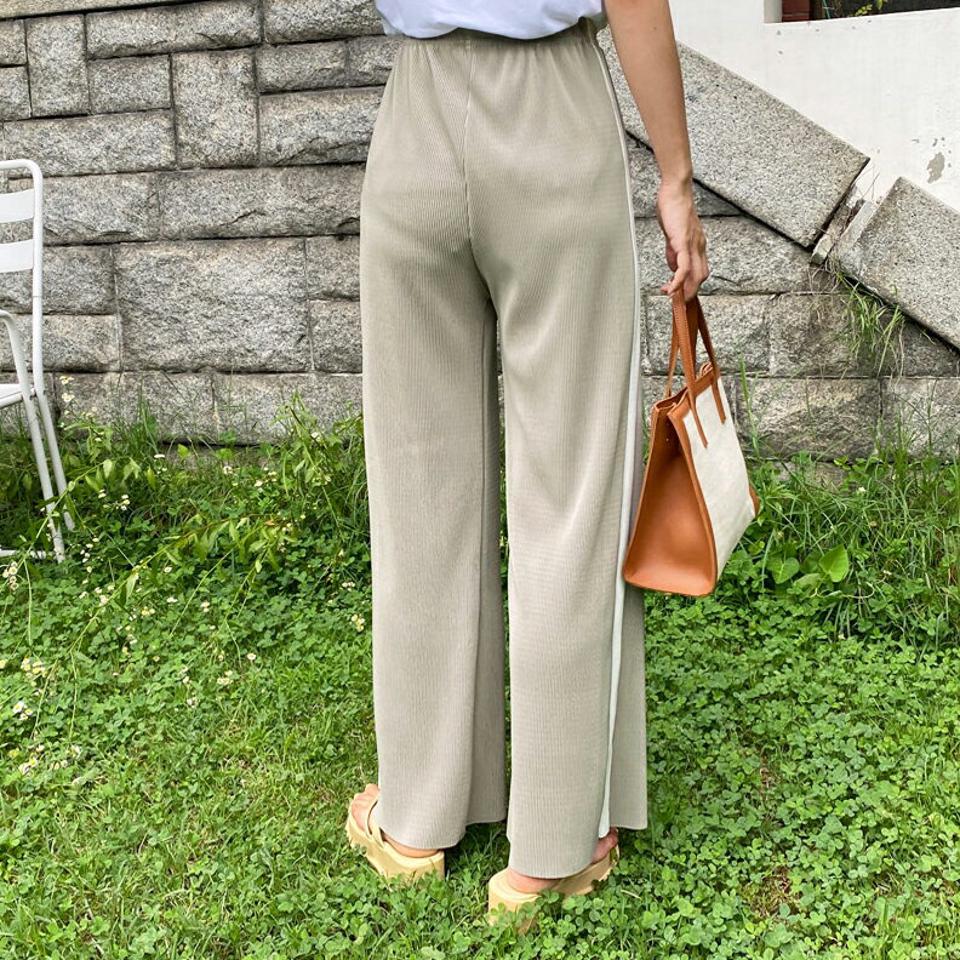 プリーツサイド配色パンツ・全3色・t57791 レディース 【pt】韓国 ファッション ボトムス ロング ロングパンツ デイリー 配色 プリーツ ワイド 足長 大人 10分丈 体型カーバー 細身 カジュアル ストレート 夏 春