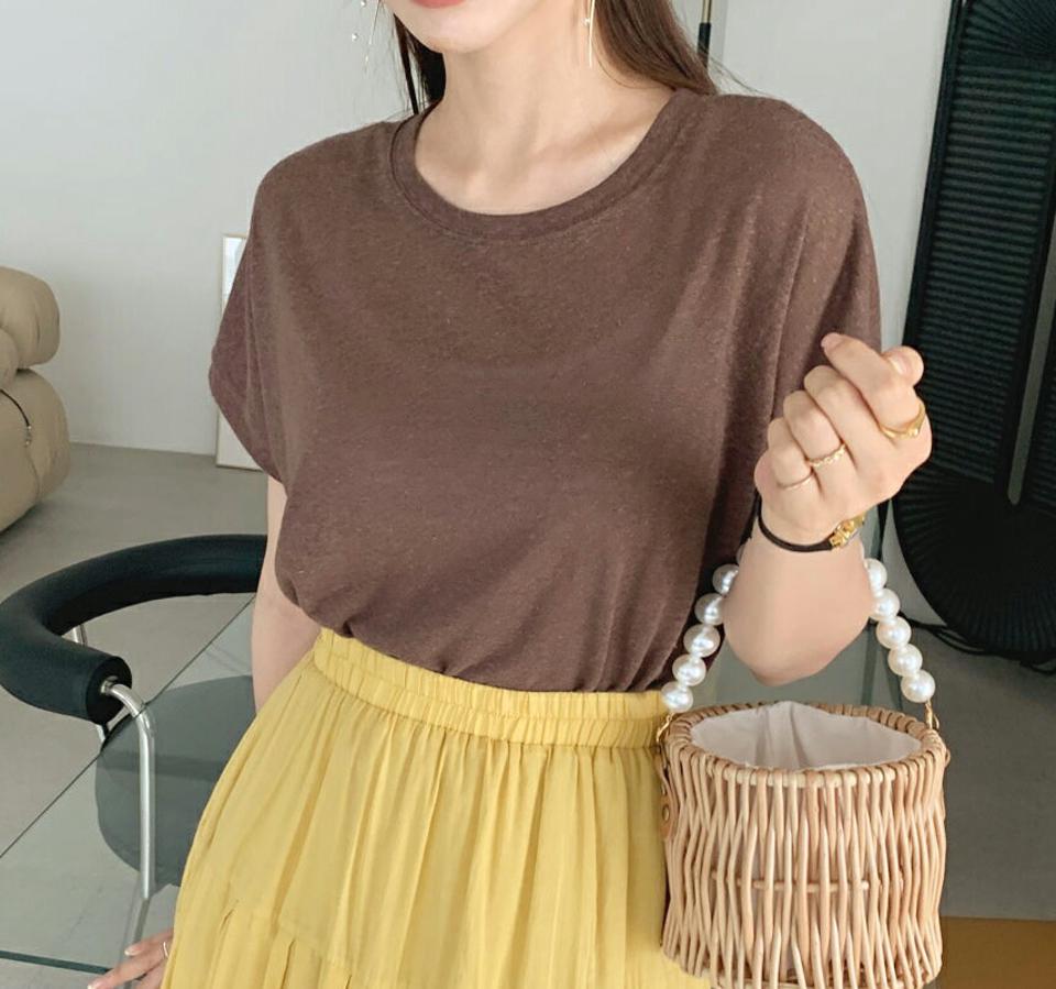 リネン混半袖Tシャツ・全7色・b69463 レディース 【tops】トップス Tシャツ 半袖 ショートスリーブ リネン 単色 無地 シンプル ベーシック カジュアル ラフ 大人 春 夏 韓国 ファッション ハイホリHIHOLLI
