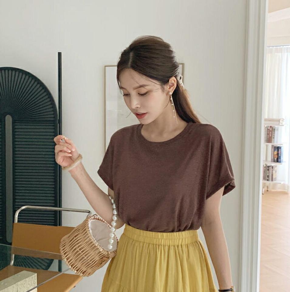 リネン混半袖Tシャツ・全7色・b69463 レディース 【tops】トップス Tシャツ 半袖 ショートスリーブ リネン 単色 無地 シンプル ベーシック カジュアル ラフ 大人 春 夏 韓国 ファッション ハイホリHIHOLLI