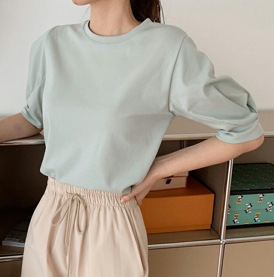 タックパフスリーブTシャツ・全3色・b69464 レディース 【tops】トップス Tシャツ 半袖 ハーフスリーブ パフ袖 パフスリーブ タック 単色 無地 シンプル フェミニン かわいい 春 夏 韓国 ファッション ハイホリHIHOLLI